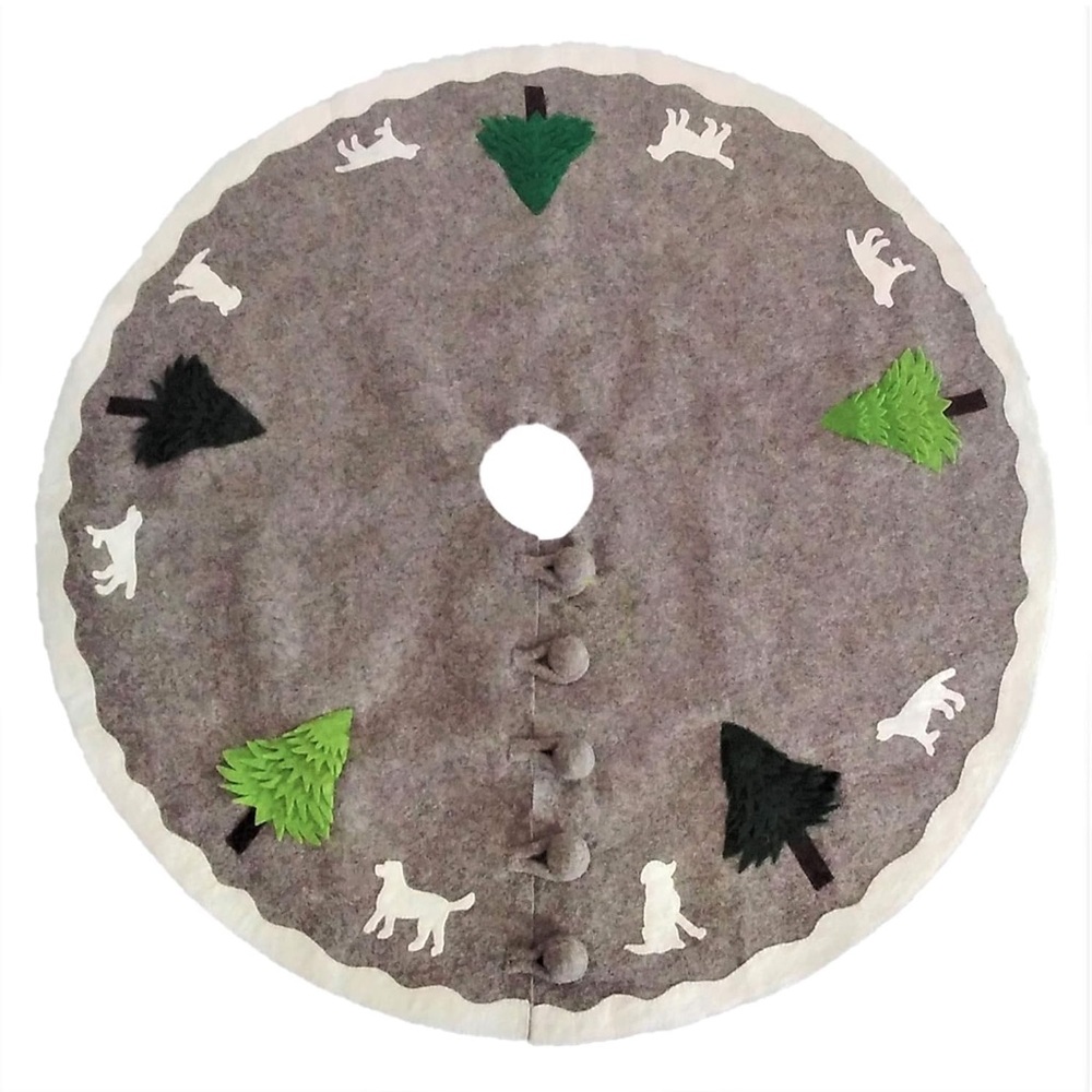 NWT!! Arcadia Home 72" Hand-Felted Wool Tree Skirt w/dogs & trees; gray/cream